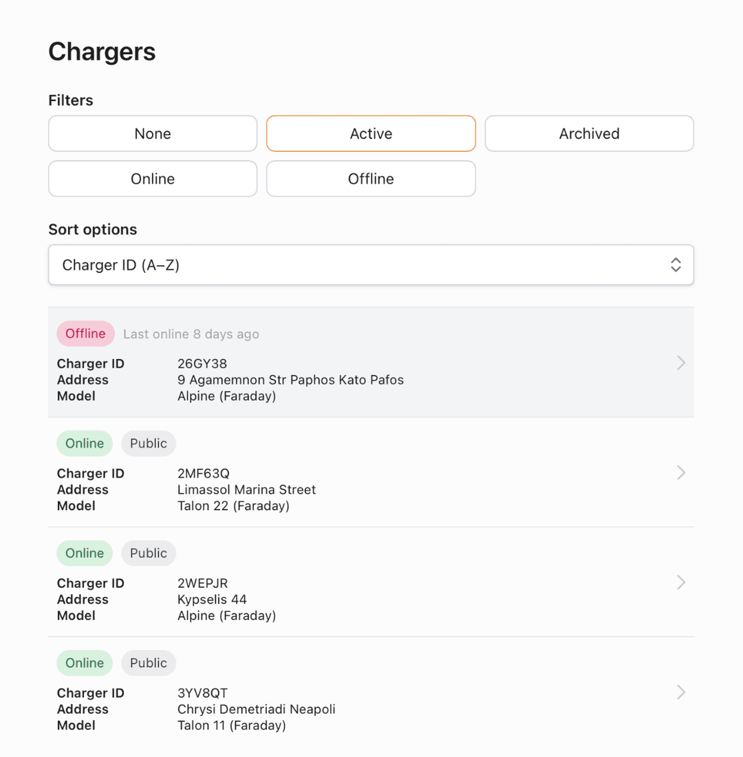 Charger list showing connection status per unit